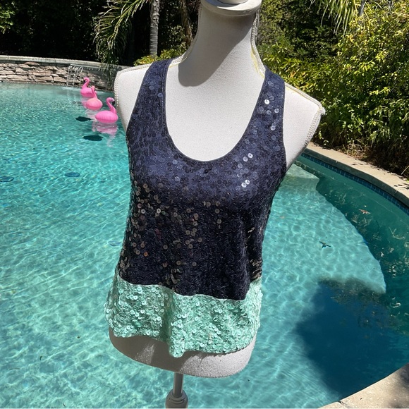 J Crew Sequin Colorblock trending Tank Top Aqua 💦 blue & black Sz XS ⭐️ - Picture 1 of 7